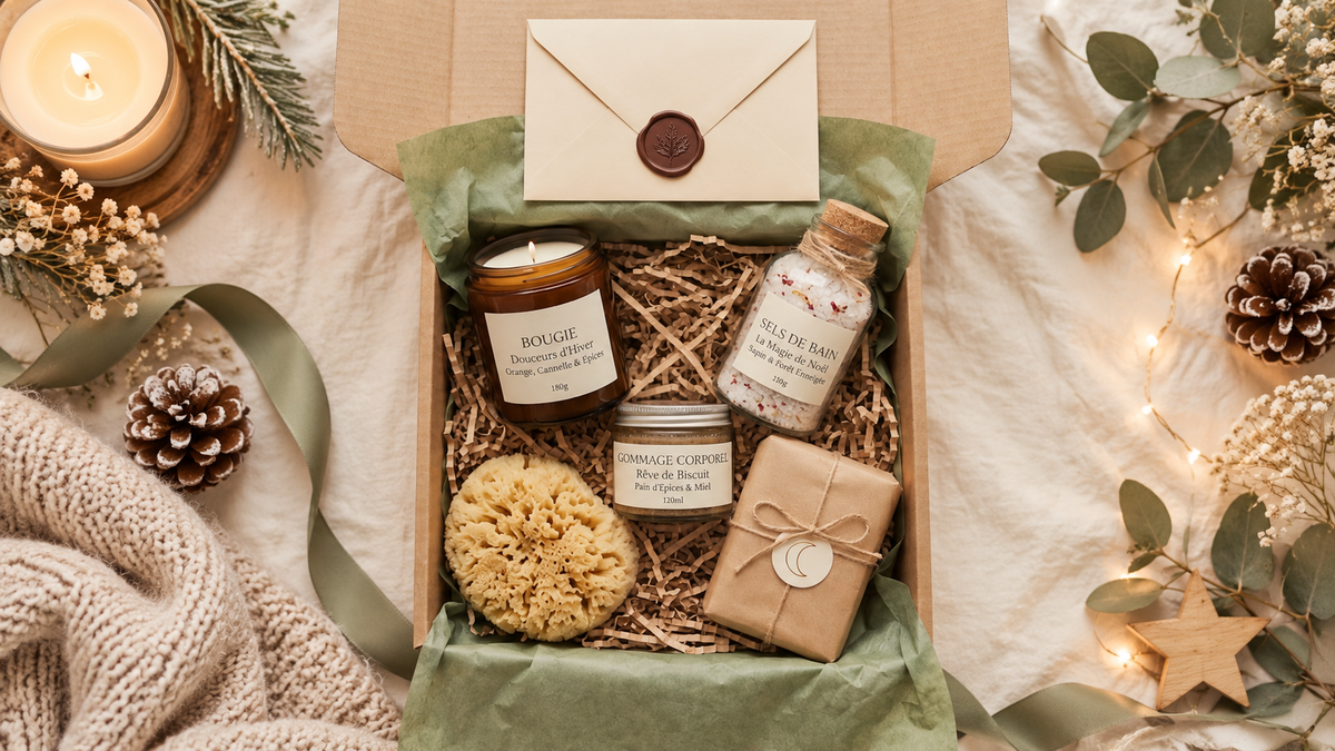 Coffret cadeau bien-être hivernal Lunabulle avec bougie, sels de bain et accessoires cocooning